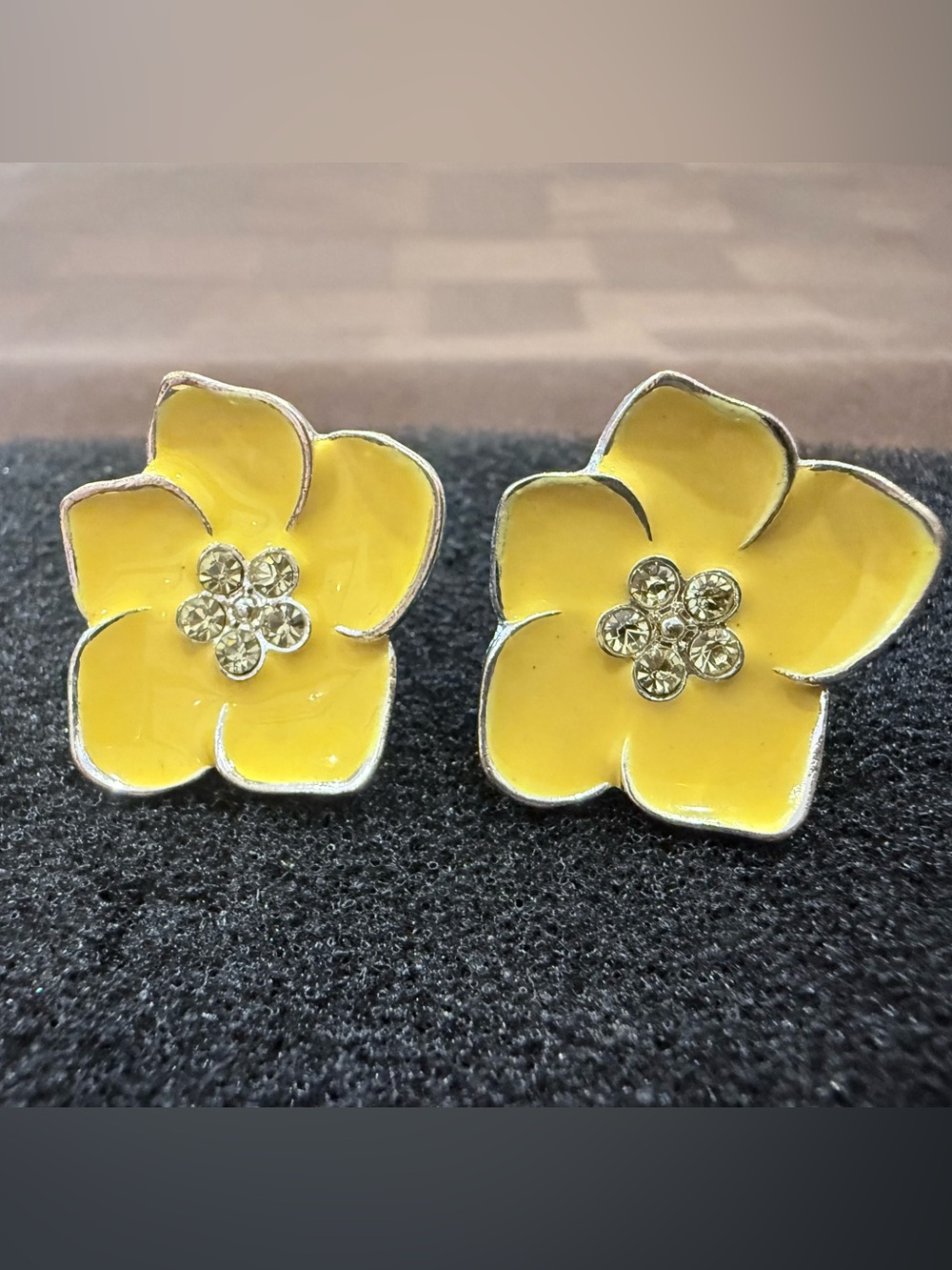 Yellow Enamel Flower Stud
Earrings with Rhinestone Centers